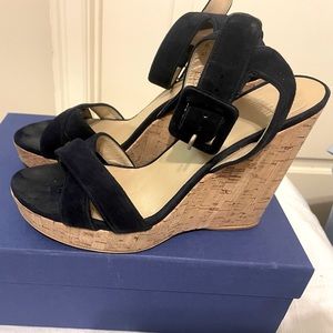 Stuart Weitzman Navy Blue Suede Platform Cork Wedges, Size 8.5